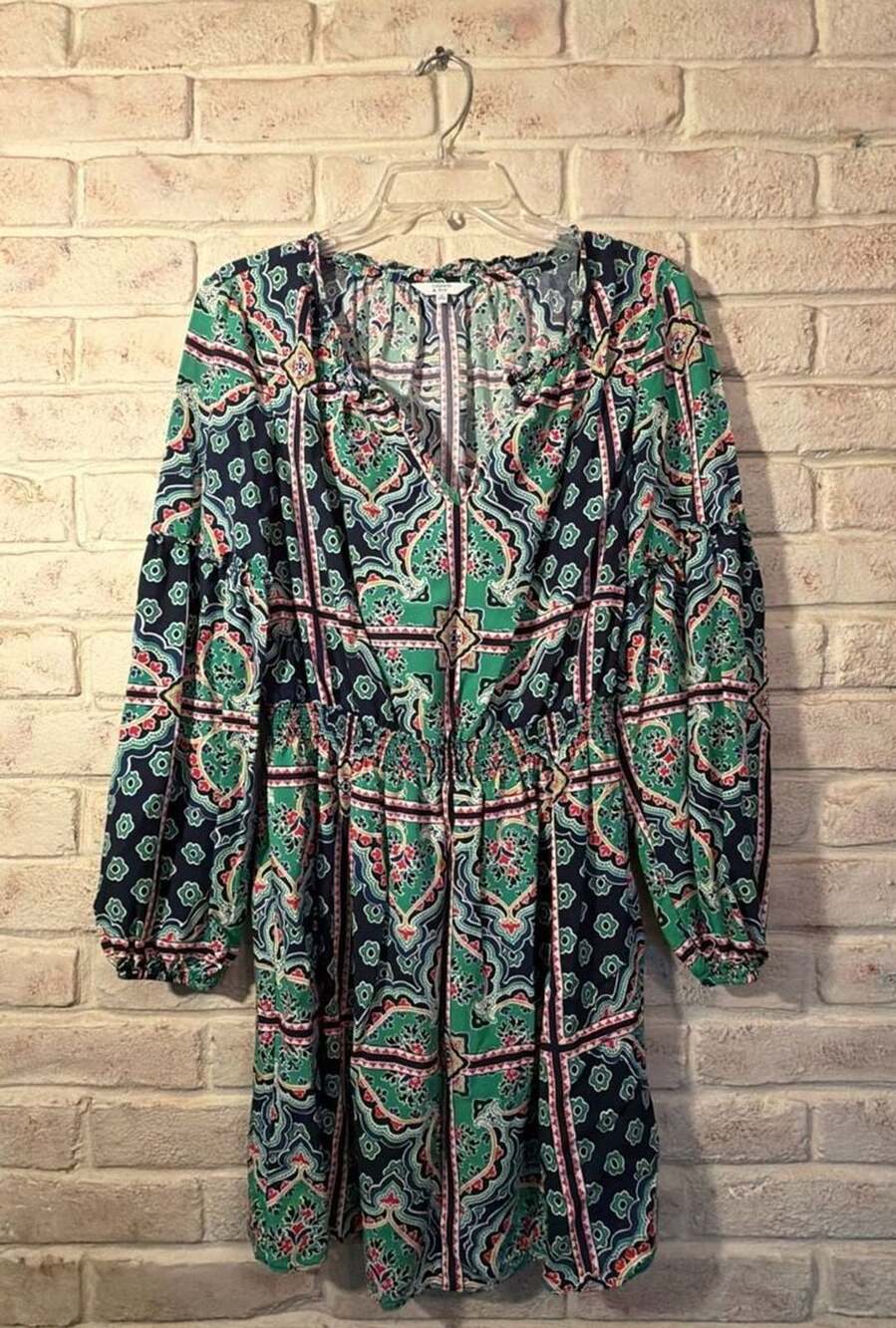 Crown & Ivy Green Pink Navy Blue Smocked Waist Tile Print Long Sleeve Dress